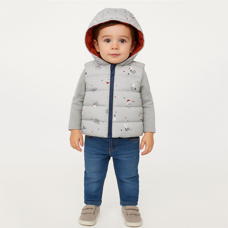 Chaleco Reversible Con Gorro Para Bebé M.2323 Marca Mayoral® Azul Claro Gatito Astronauta 18 Meses