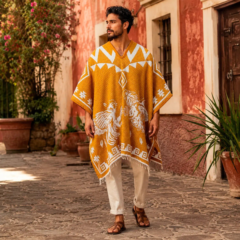Jorongo Gaban Artesanal Mexicano Colores Gallos Mostaza Xg