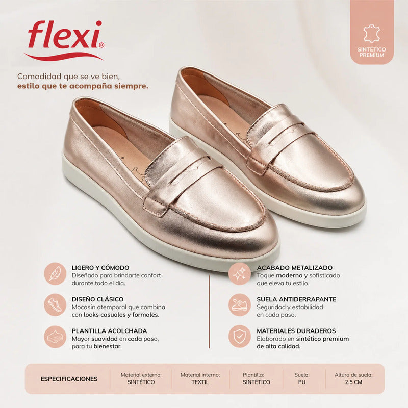 Mocasín Casual Para Dama Estilo 140601 Marca Flexi® Oro Rosa 24 Mx