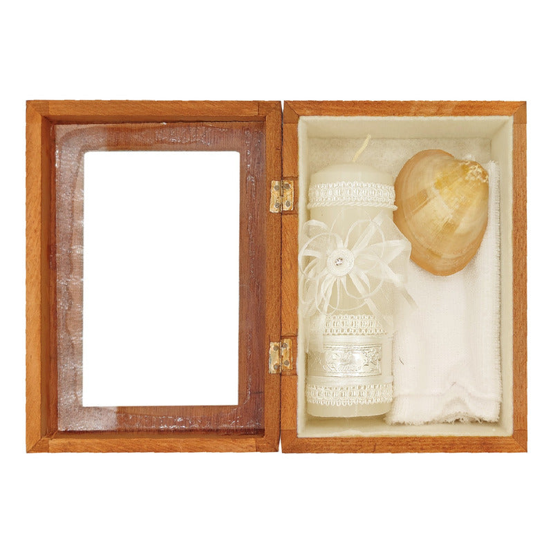 Set Para Bautizo Vela+concha+toalla+caja De Madera