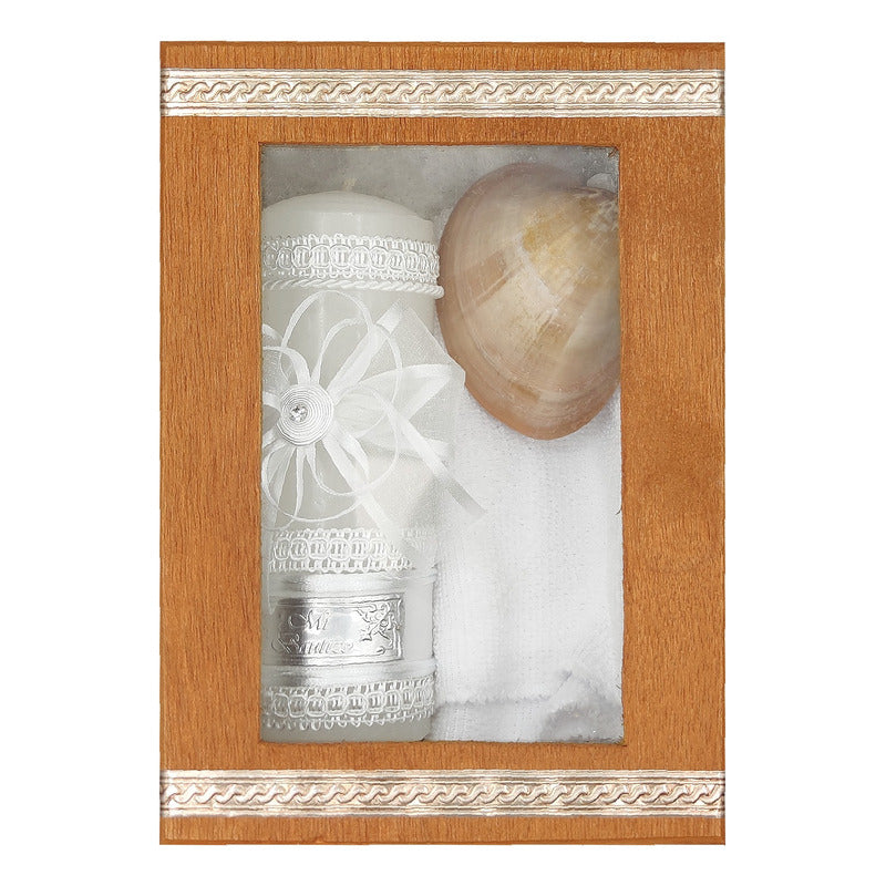 Set Para Bautizo Vela+concha+toalla+caja De Madera