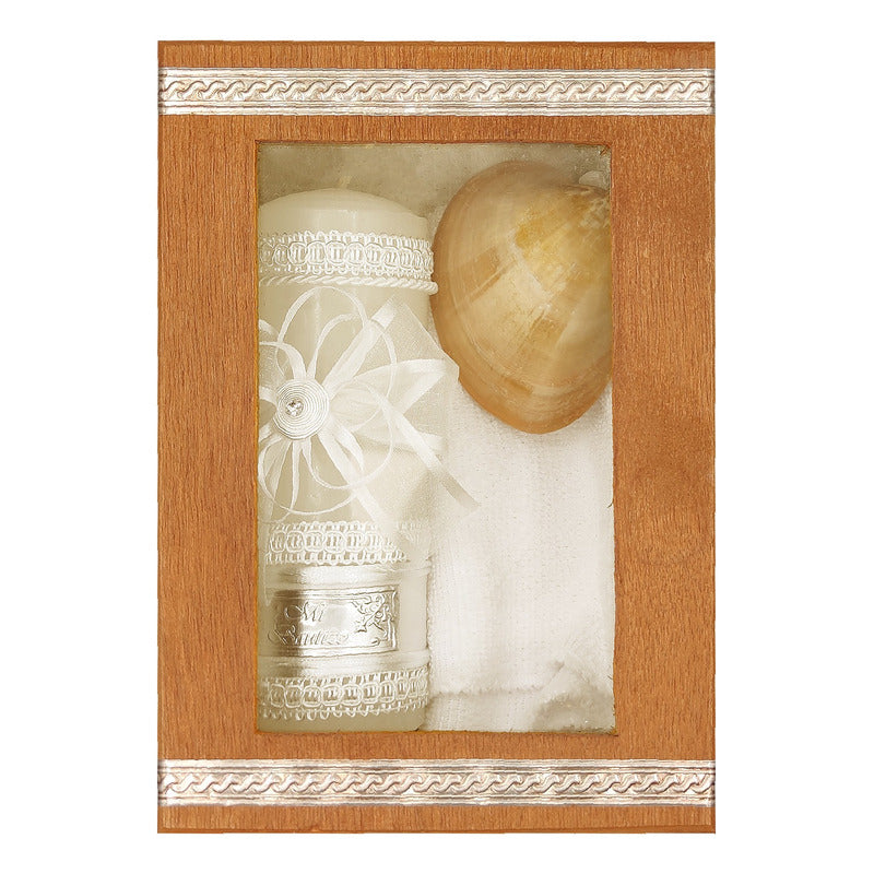 Set Para Bautizo Vela+concha+toalla+caja De Madera