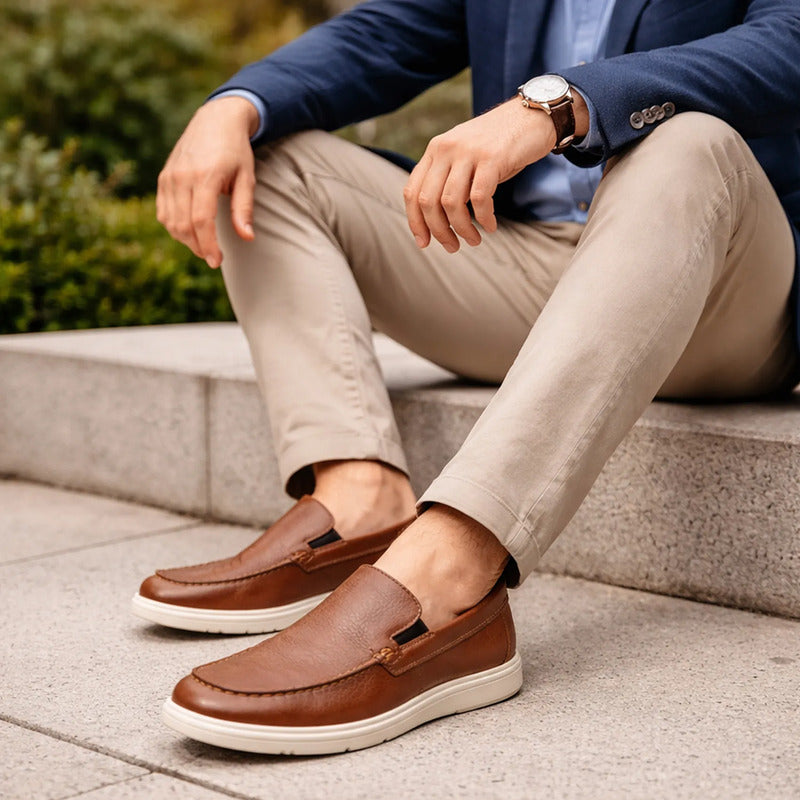 Mocasín Casual Para Hombre 100% Piel Mod.423805 Marca Flexi® Marrón Lisa 26,5 Mx