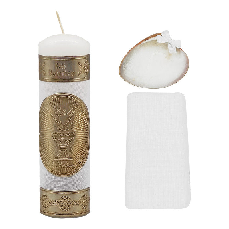 Set Para Bautizo Vela+concha+toalla+caja De Madera