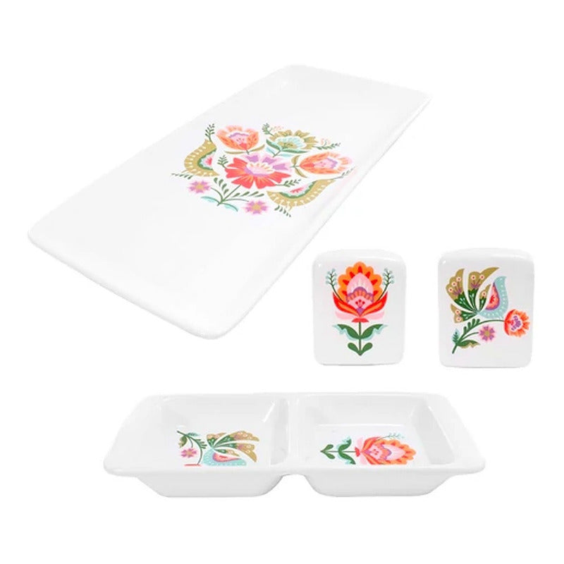 Set De Servicio Cerámica 4 Pzas Marca Crown Baccara Mod.kalo Blanco Floreado