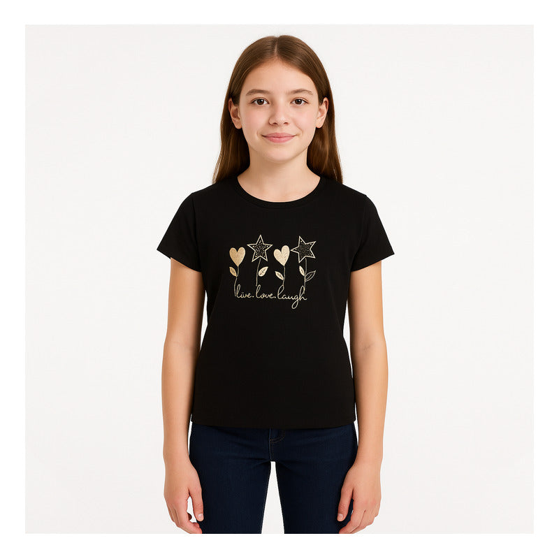 Playera Casual Para Niña Mod.854 Marca Mayoral® Negro Flores 16 Estampa Localizada