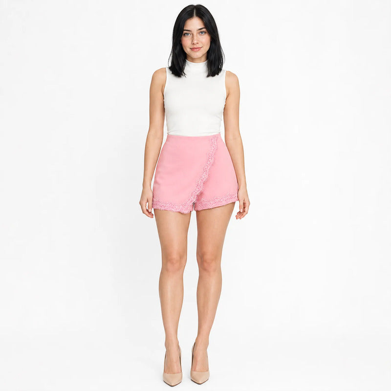 Falda Short Con Encaje Para Mujer 45-26 London Fashion® Rosa Lisa G