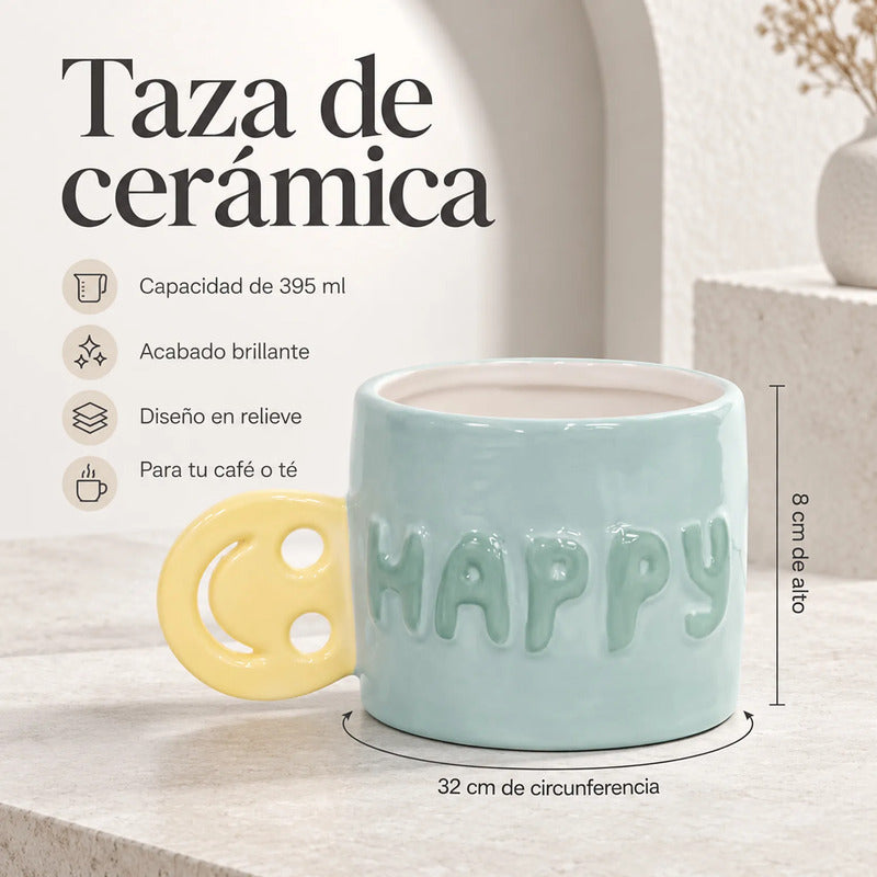 Taza Tarro De Cerámica Con Relieve Asa Con Forma Multicolor Happy 1784-46