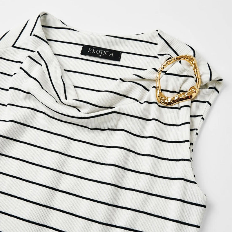 Blusa Semi Formal Con Aro Dorado Mujer 4363 Marca Exotica® Blanco Rayas M