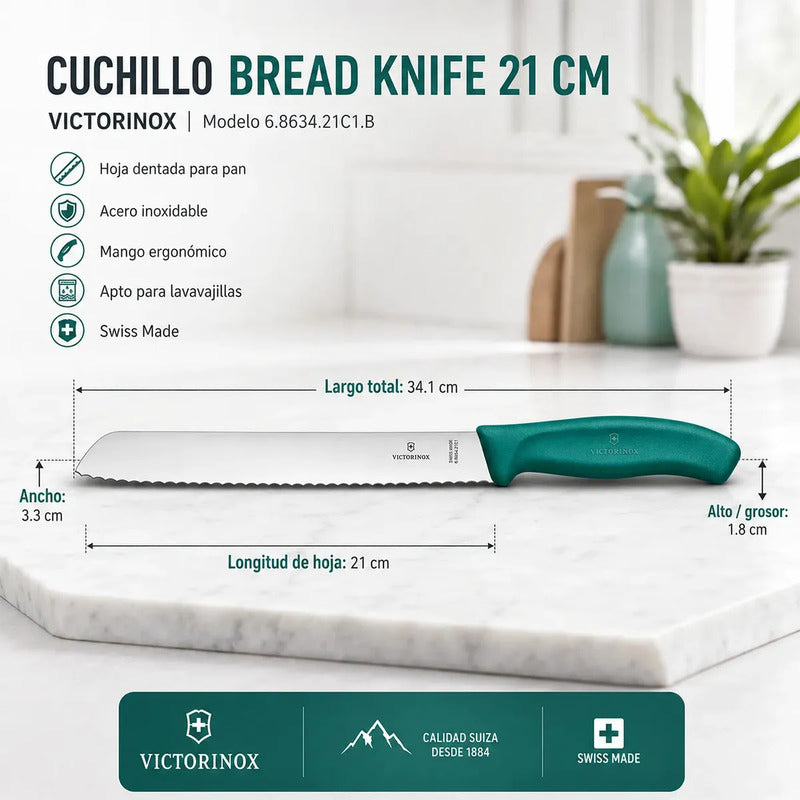 Cuchillo Para Pan 34cm Mod.6.8636.l9b Marca Victorinox® Color Azul Petróleo 6.8634.21c1b