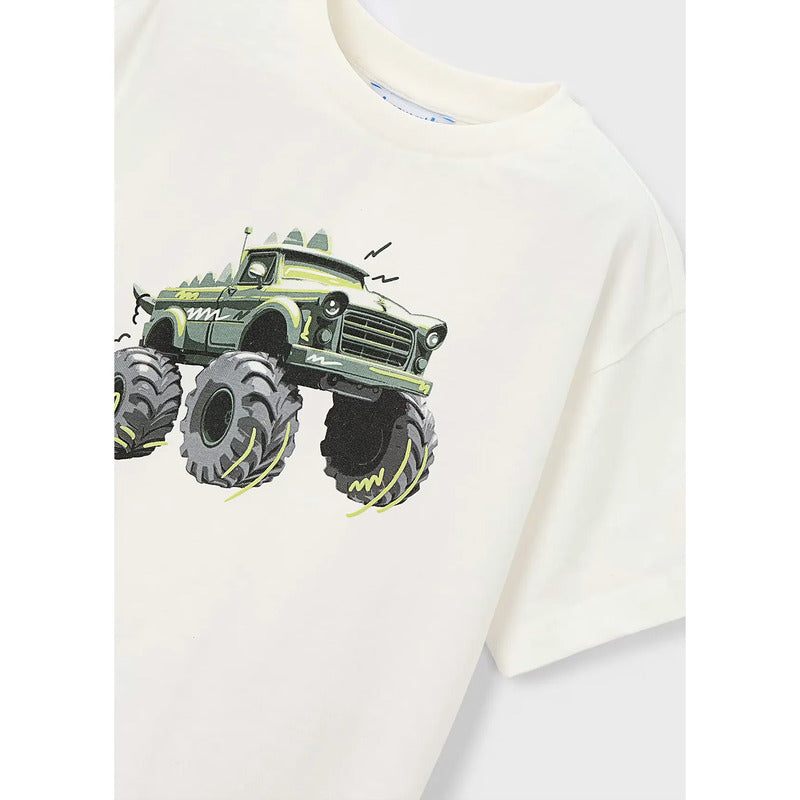 Playera Casual Para Niño Mod.3069 Marca Mayoral® Nata Monster Truck 10 Años Lisa