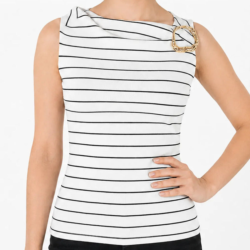 Blusa Semi Formal Con Aro Dorado Mujer 4363 Marca Exotica® Blanco Rayas M