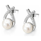 Aretes Elegantes Perla Cruzada Para Mujer Bisutería Fina Crema