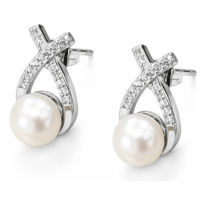 Aretes Elegantes Perla Cruzada Para Mujer Bisutería Fina Crema