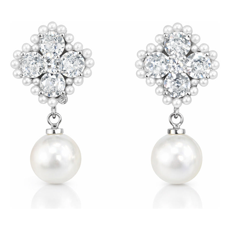 Aretes Elegantes Para Mujer Bisutería Fina Flor Con Perla Plateado