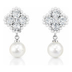 Aretes Elegantes Para Mujer Bisutería Fina Flor Con Perla Plateado