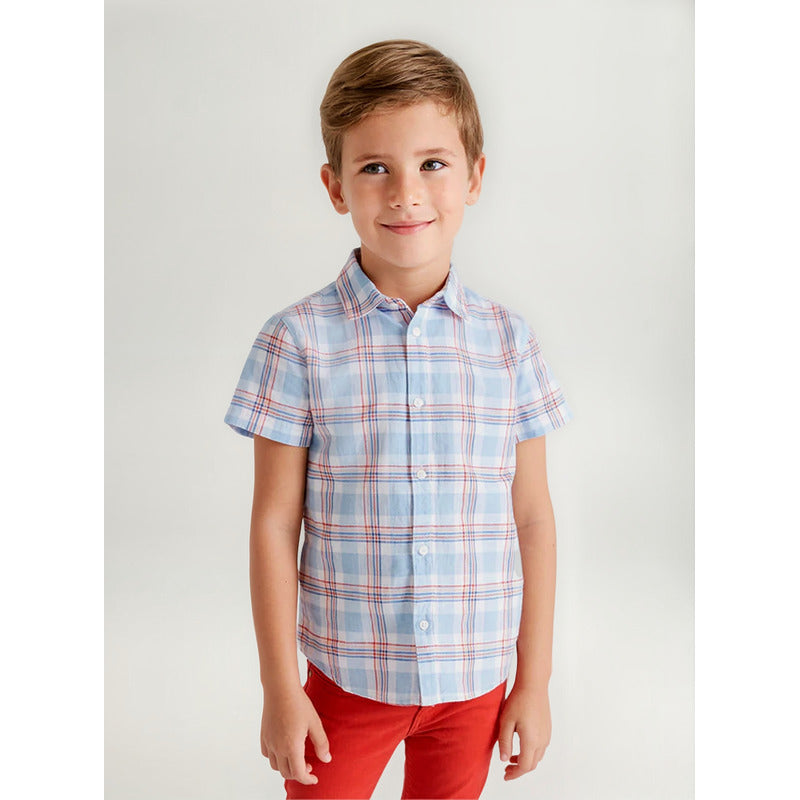 Camisa De Lino Para Niño Mod.3115 Marca Mayoral® Azul Claro Geométrico 2 Años
