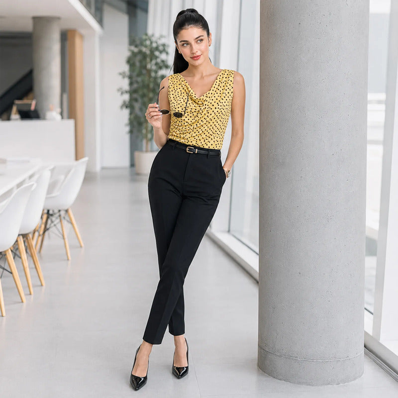 Blusa Cuello Drapeado Cruzado Para Mujer 4403 Marca Exotica® Amarillo Lunares M