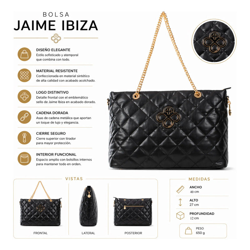 Bolso Satchel Para Dama Mod.2809 Marca Jaime Ibiza® Negro Rombos Oro Dorado