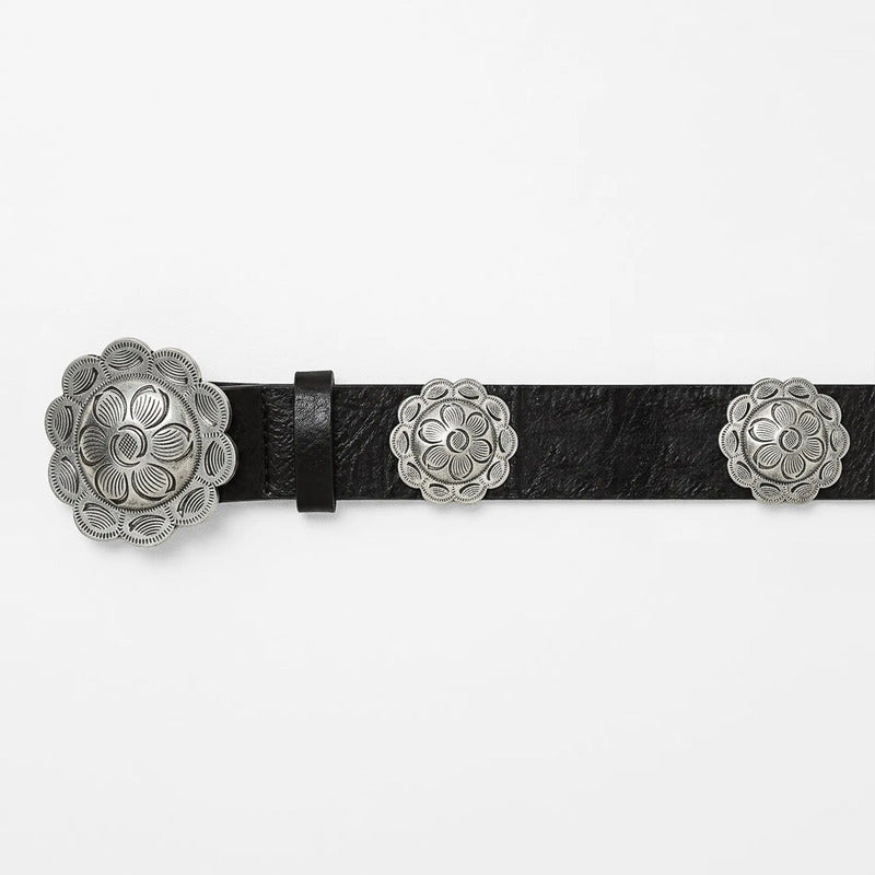 Cinturon Estilo Boho Western Con Hebilla Floral Para Mujer Negro Lisa 100 Cm
