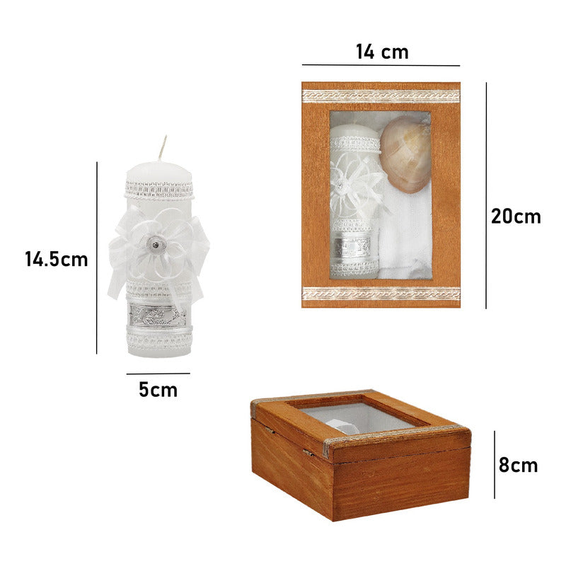 Set Para Bautizo Vela+concha+toalla+caja De Madera