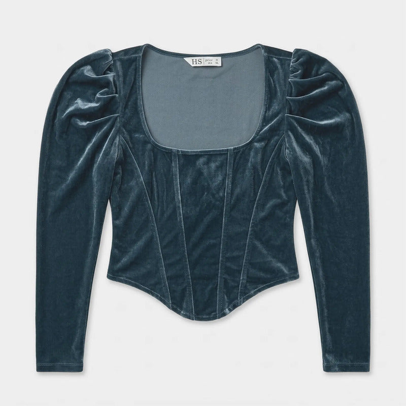 Blusa Terciopelo Tipo Corset Para Mujer Hs2407bl Hessed® Gris Oscuro Terciopelo Ch