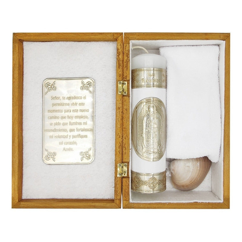 Set Para Bautizo Vela+concha+toalla+caja De Madera