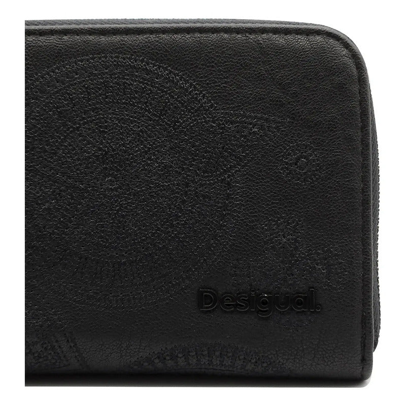 Monedero Desigual Negro Floreado Para Mujer Con Cierre De Botón