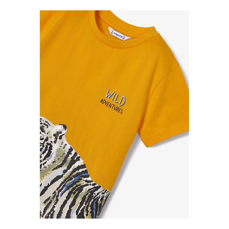 Playera Casual Comoda Para Niño Marca Mayoral® Naranja Claro Tigre Blanco 9 Lisa