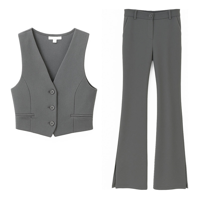 Conjunto Casual Chaleco + Pantalón Mod. Ip9098 Marca Iris® Gris Oscuro Lisa M