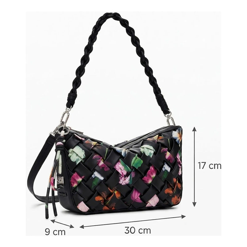 Bolso Trenzado Para Mujer 25saxpbq/2000 Marca Desigual® Negro Floreado Níquel