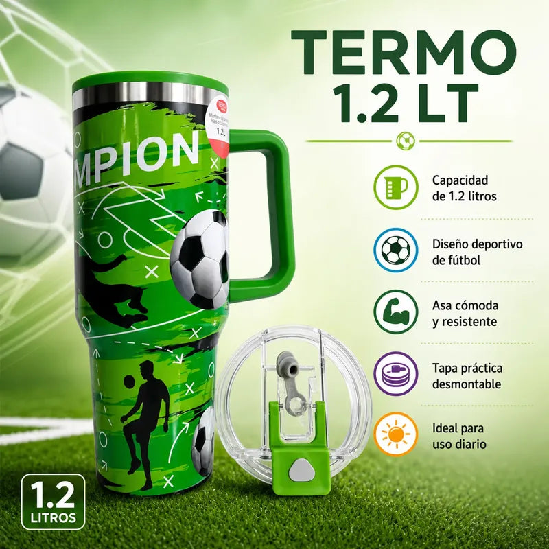 Termo Doble Pared Futbol 1.2l Con Rosca Y Asa Top Choice® Verde