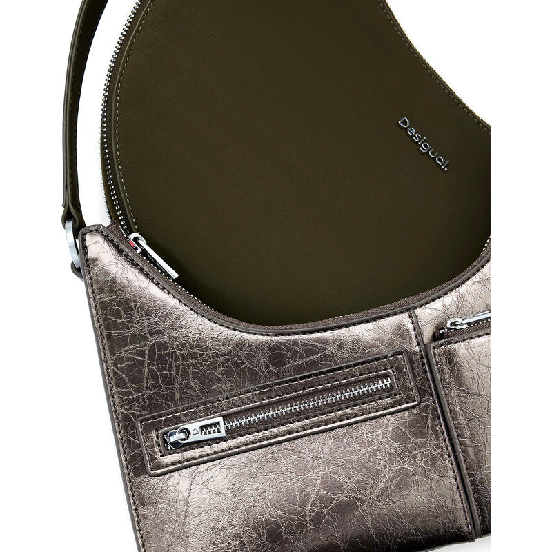 Bolso Doble Para Dama Mod. 25waxpah Marca Desigual® Verde Musgo/ Níquel Lisa Níquel Verde Musgo