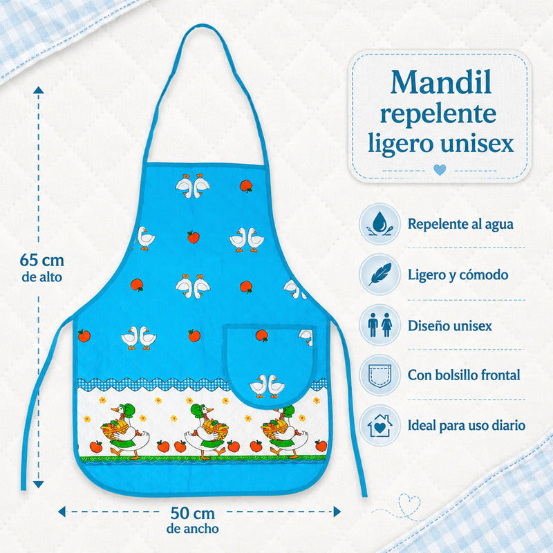 Mandil Delantal Ajustable Multiusos Repelente 65x50cm Celeste Patos
