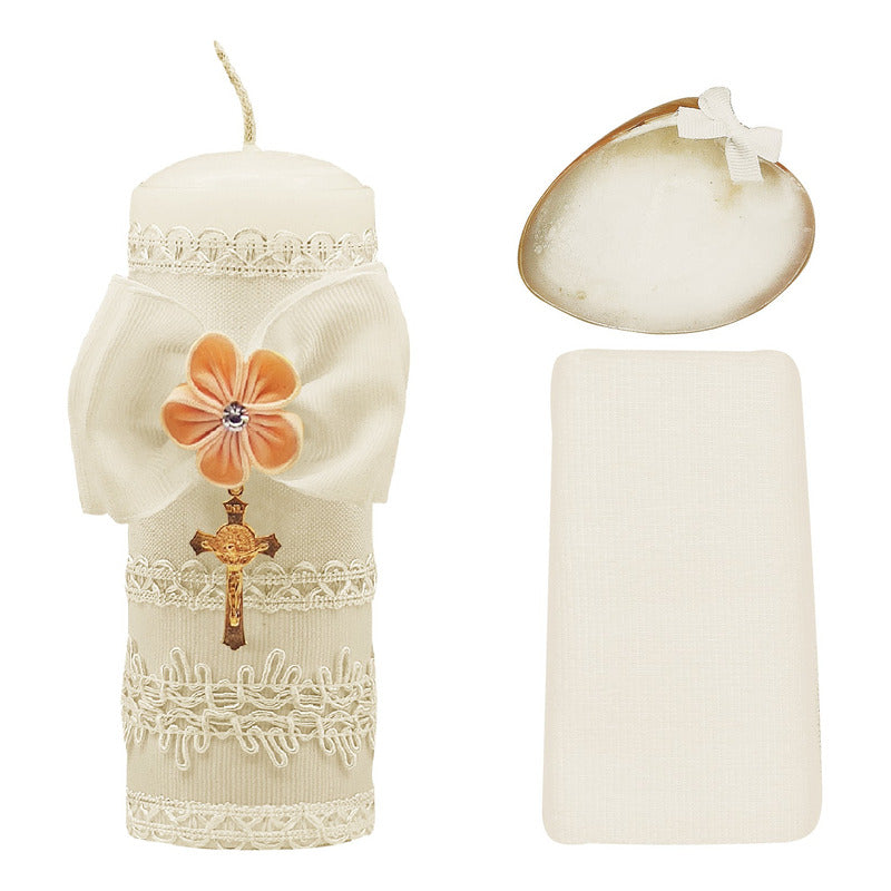Set Para Bautizo Vela+concha+toalla+caja De Madera