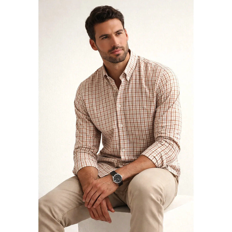 Camisa Semiformal Para Hombre Mod.b61203 Marca Bobois® Kaky Cuadros 2xg