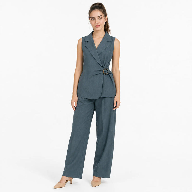 Conjunto Formal Para Mujer Mod.3541 Marca Okey® Azul Petróleo Lisa 32