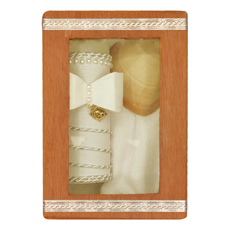 Set Para Bautizo Vela+concha+toalla+caja De Madera