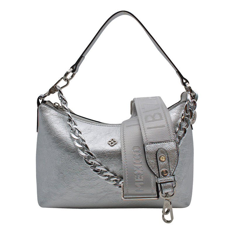 Bolsa De Hombro Para Mujer Mod.ji2486 Marca Jaime Ibiza® Plateado Arrugado