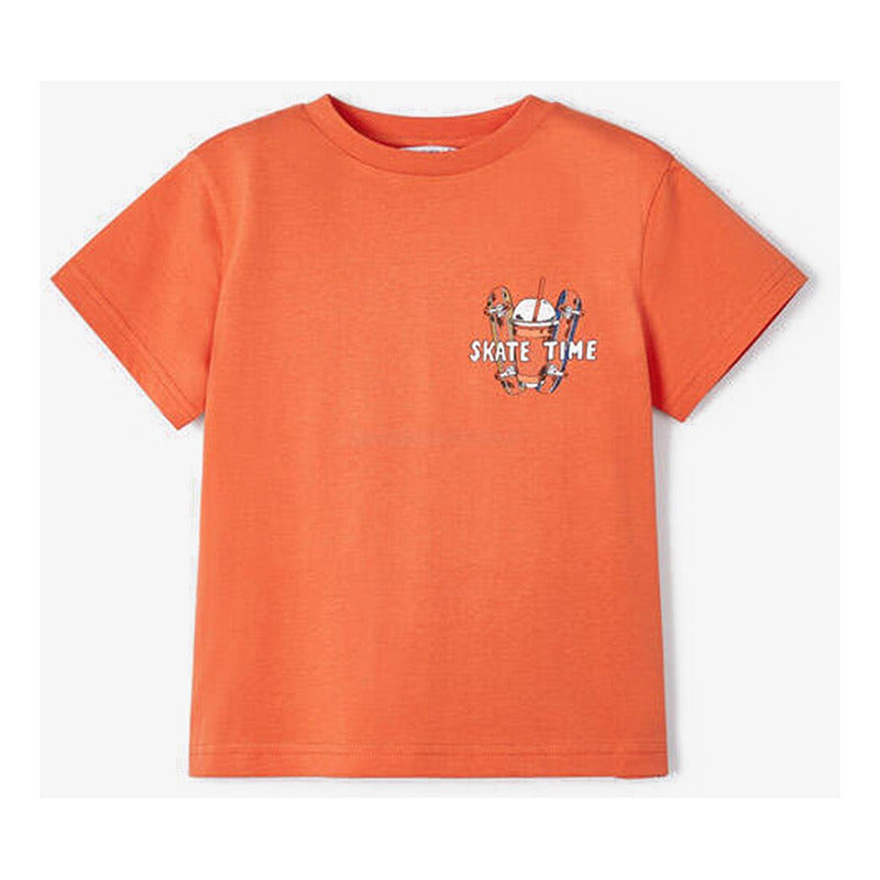 Playera Casual Comoda Para Niño Marca Mayoral® Coral Oscuro Skate Time 5 Estampa Localizada