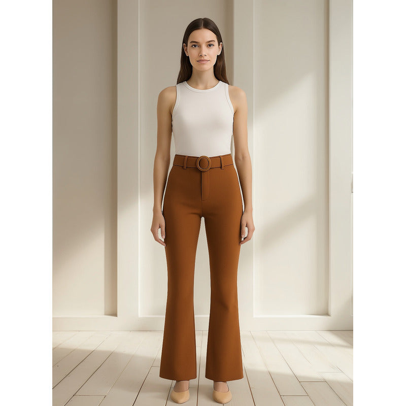 Pantalón De Mujer Casual Con Cinturón Mod.150cml Aldrete® Marrón Liso Ch