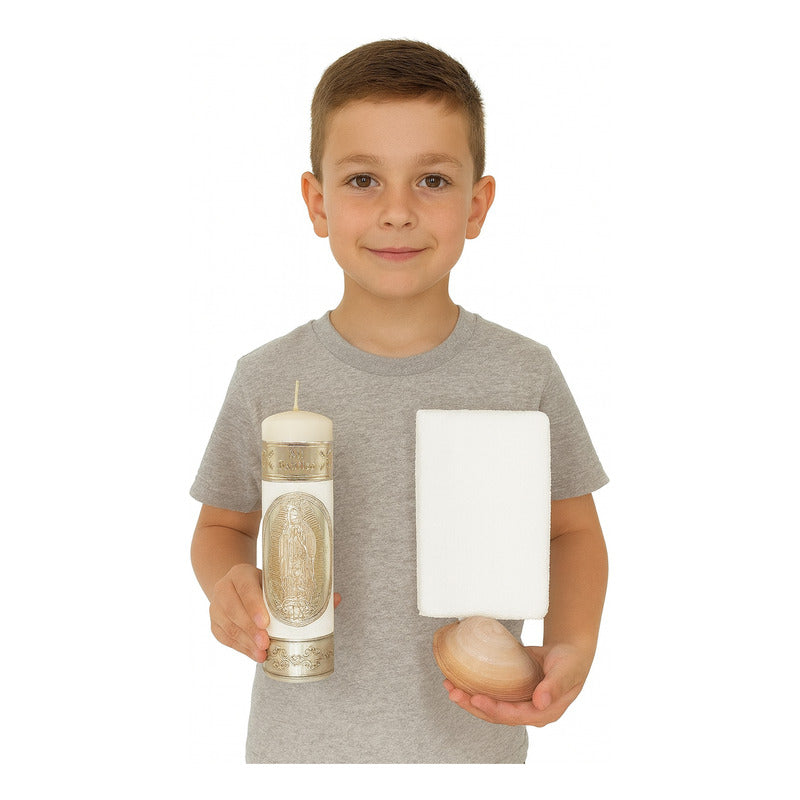 Set Para Bautizo Vela+concha+toalla+caja De Madera