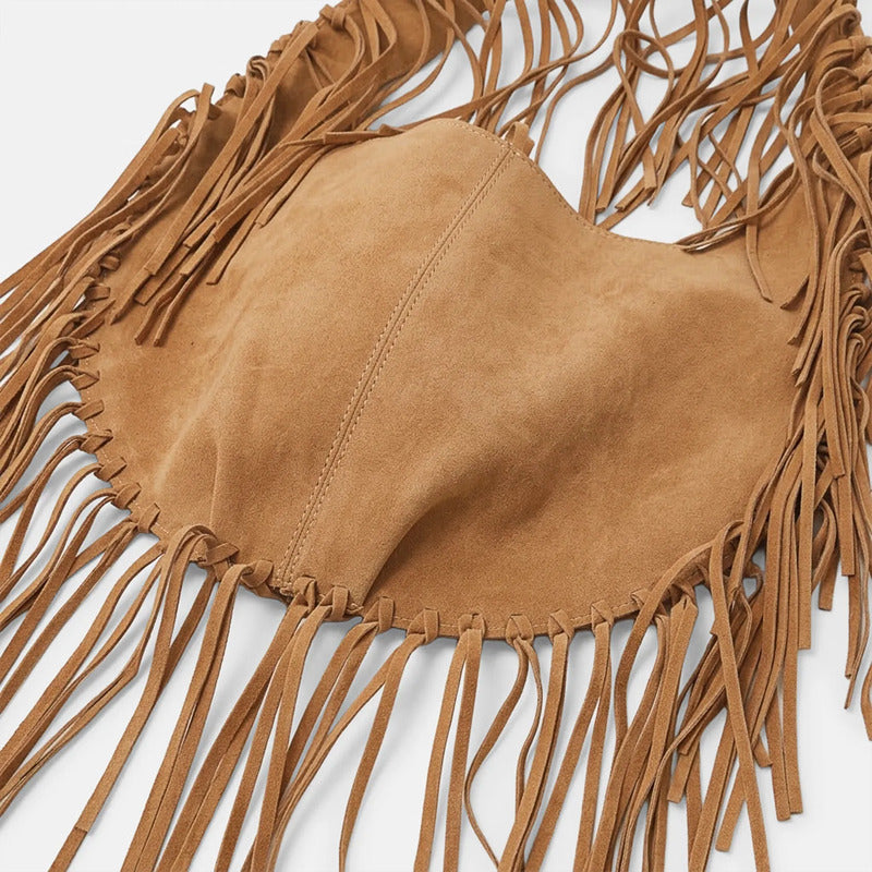 Bolsa De Gamuza Con Flecos Estilo Boho Bohemio Para Mujer Camel Lisa
