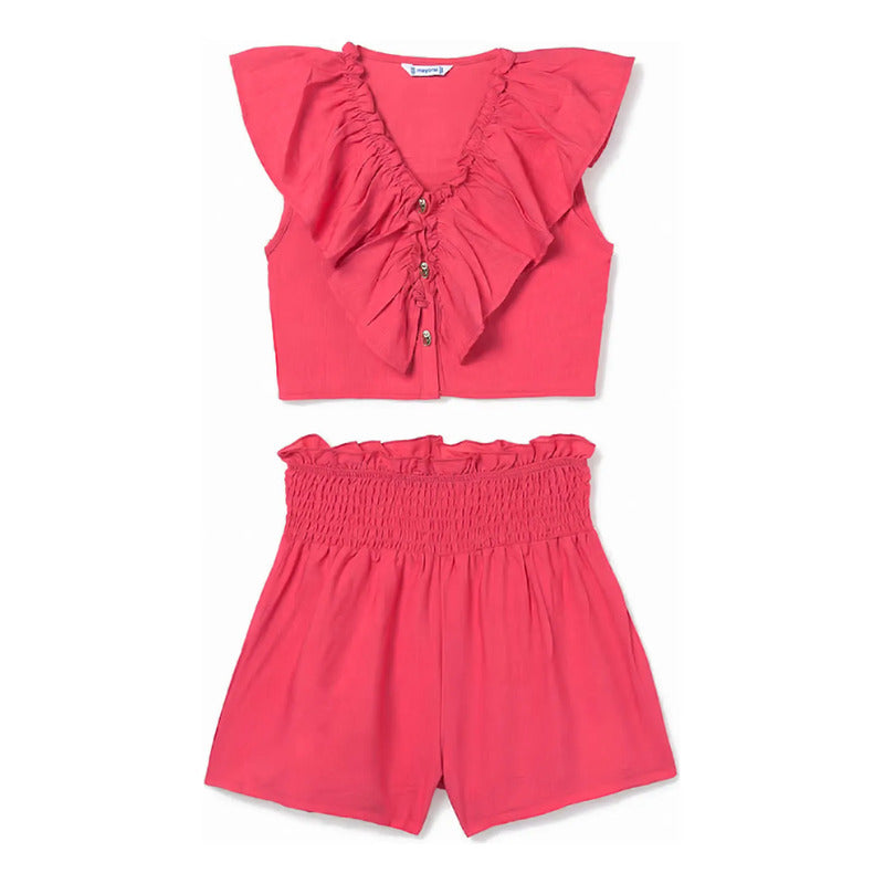 Conjunto Juvenil Blusa Crop Y Short Mod.6207 Marca Mayoral® Coral Lisa 14