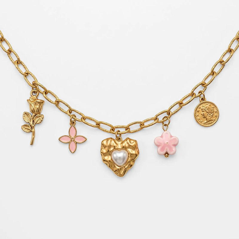 Collar Dorado Para Mujer Con Dijes Románticos Bisutería Fina Dorado