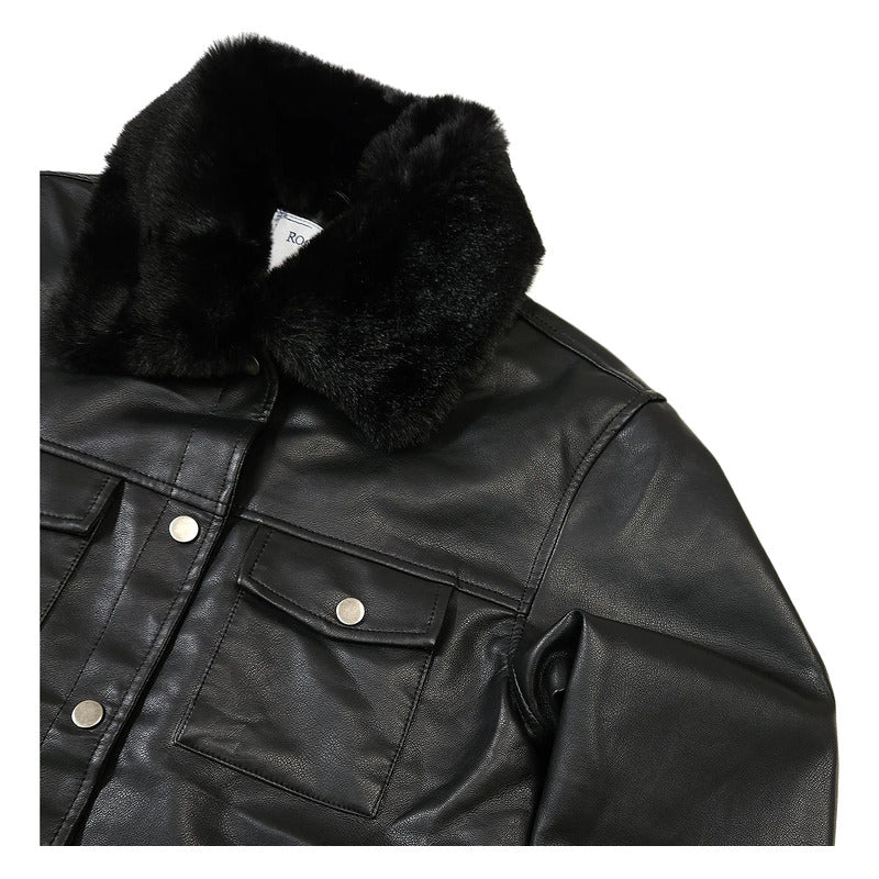Chaqueta Casual Tipo Piel Para Dama M.shila-2502 Roosevelt® Negro G Lisa