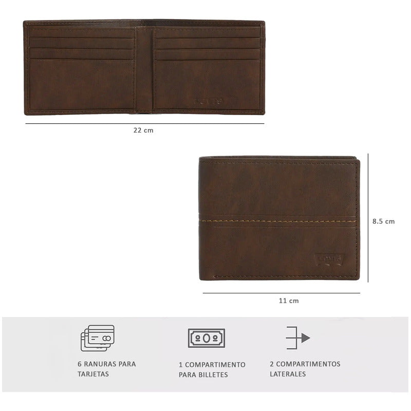 Billetera Bifold Para Hombre Mod.87522-0169 Marca Levi's® Marrón Liso