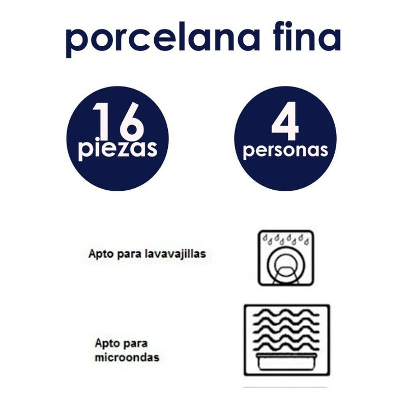 Vajilla De Porcelana 16 Piezas Diseño Clásico 4 Personas Blanco