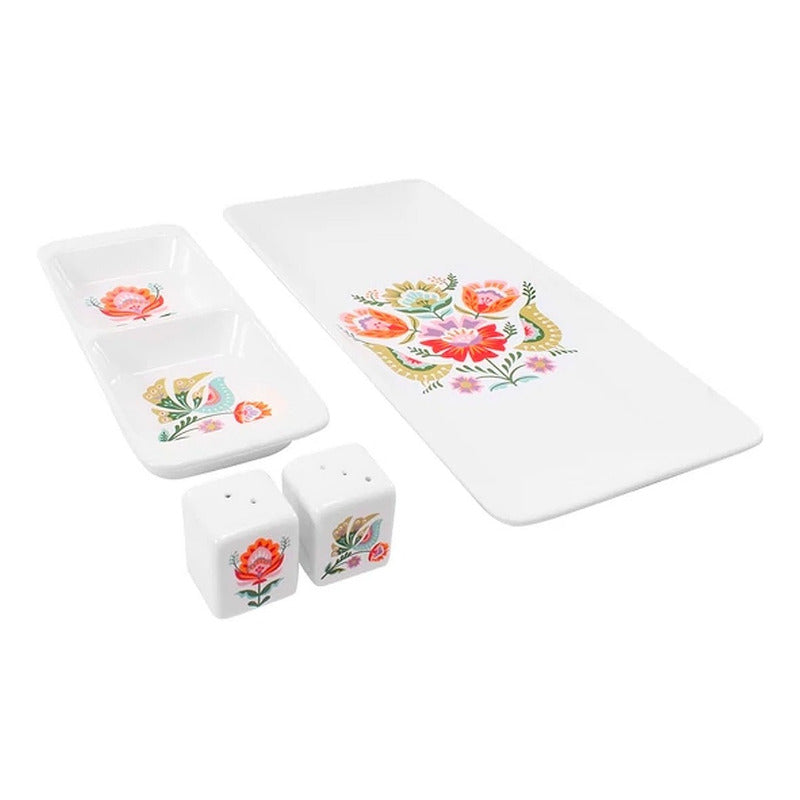 Set De Servicio Cerámica 4 Pzas Marca Crown Baccara Mod.kalo Blanco Floreado