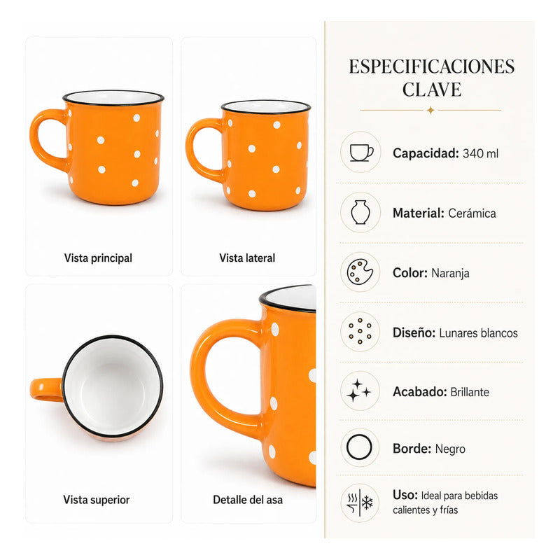 Taza De Ceramica Con Puntos 340ml Mod. 1744-60 Naranja Puntos